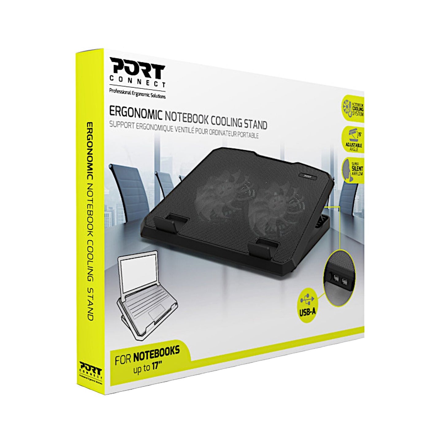 Port Ergonomic Notebook Cooler Pro, with Dual Fans & USB Ports