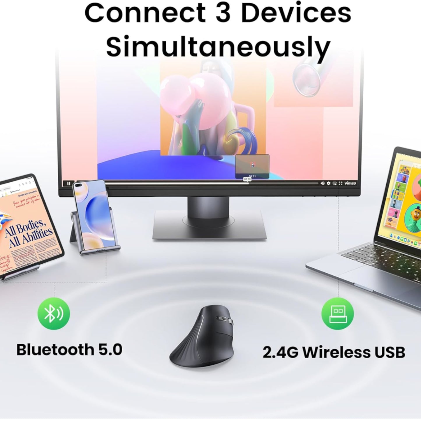 UGreen Multi-Mode Vertical Mouse Bluetooth & 2.4G Wireless–Black