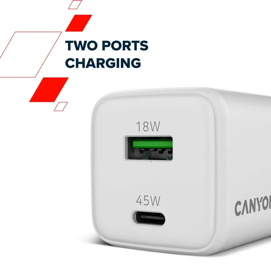 Canyon CU45AC GaN 45W USB-C/USB-A Charger - White