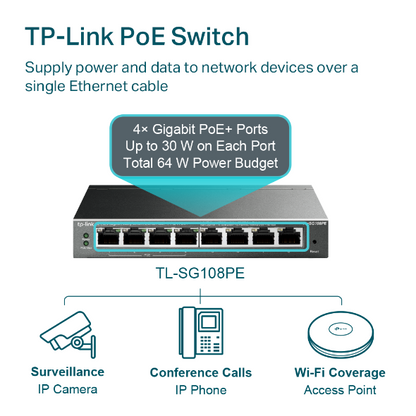 TP-Link 8-Port Gigabit Easy Smart Switch with 4-Port PoE+ - TL-SG108PE