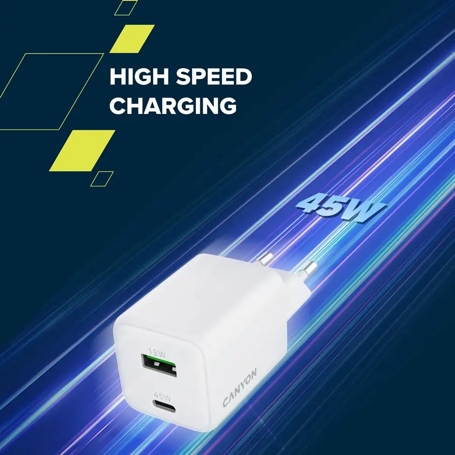 Canyon CU45AC GaN 45W USB-C/USB-A Charger - White