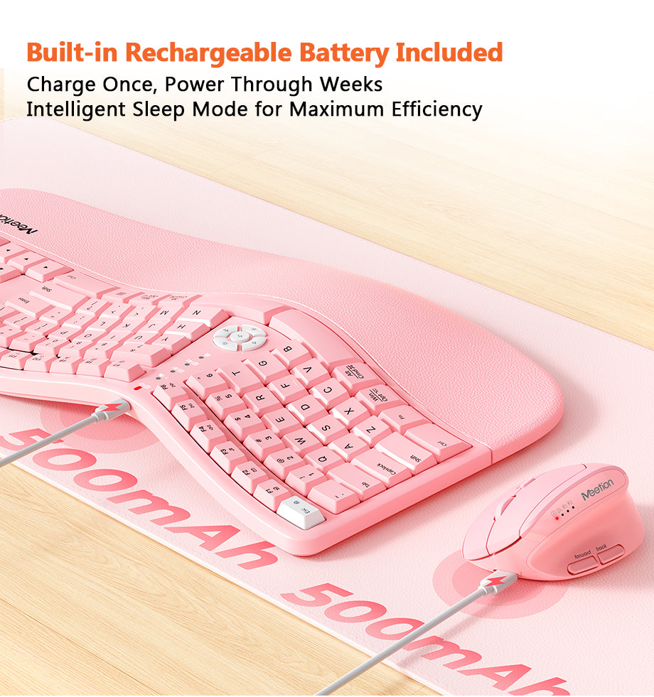 Meetion Pink Wireless Ergonomic Keyboard and Mouse Combo - Bluetooth, Split Keyboard