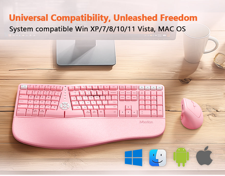 Meetion Pink Wireless Ergonomic Keyboard and Mouse Combo - Bluetooth, Split Keyboard