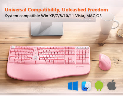 Meetion Pink Wireless Ergonomic Keyboard and Mouse Combo - Bluetooth, Split Keyboard
