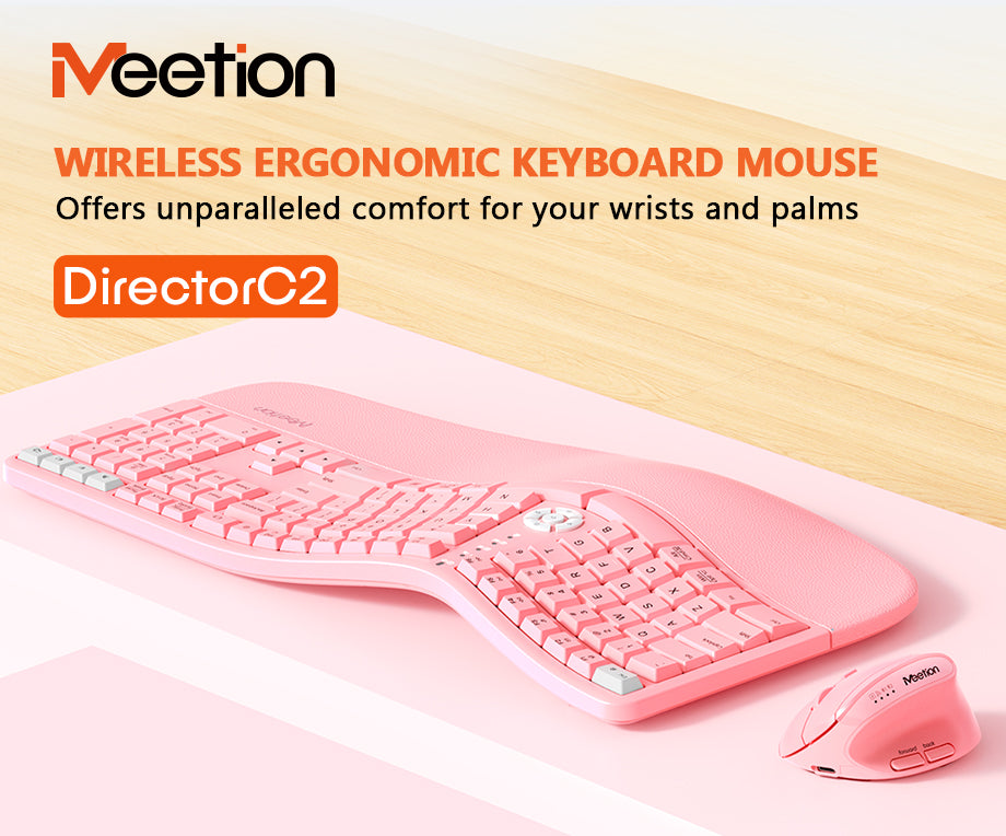 Meetion Pink Wireless Ergonomic Keyboard and Mouse Combo - Bluetooth, Split Keyboard