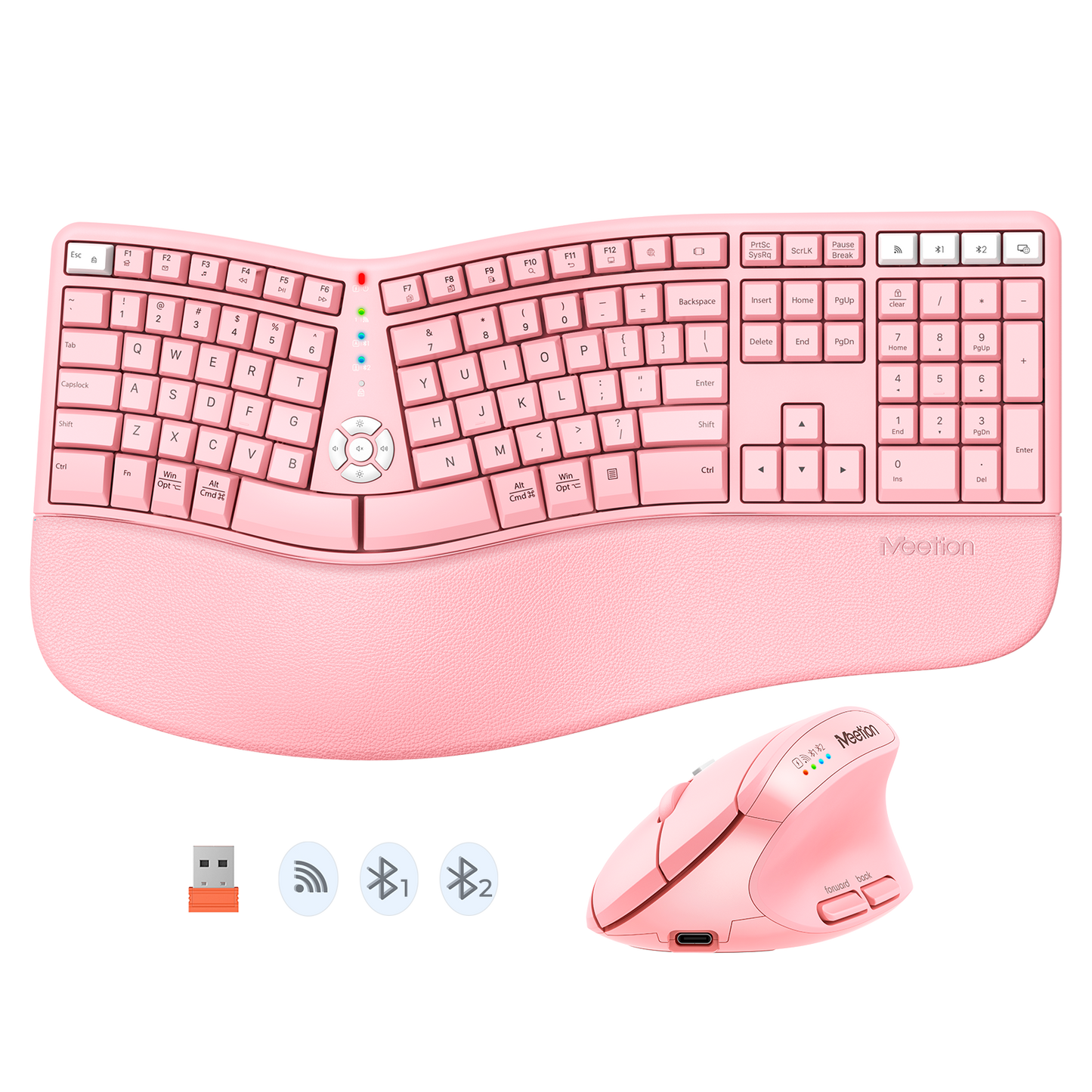Meetion Pink Wireless Ergonomic Keyboard and Mouse Combo - Bluetooth, Split Keyboard