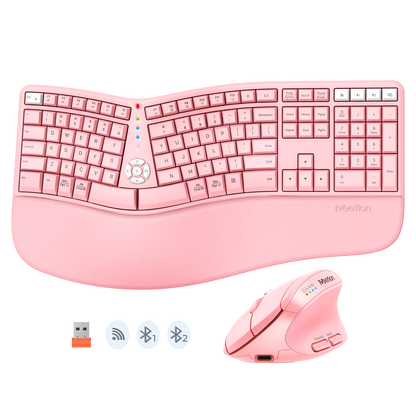 Meetion Pink Wireless Ergonomic Keyboard and Mouse Combo - Bluetooth, Split Keyboard