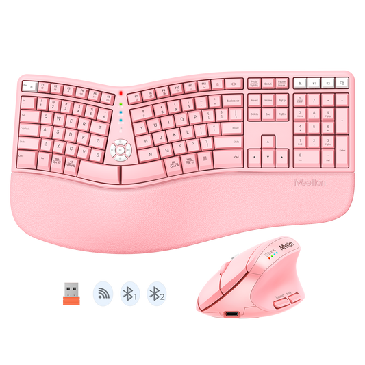 Meetion Pink Wireless Ergonomic Keyboard and Mouse Combo - Bluetooth, Split Keyboard