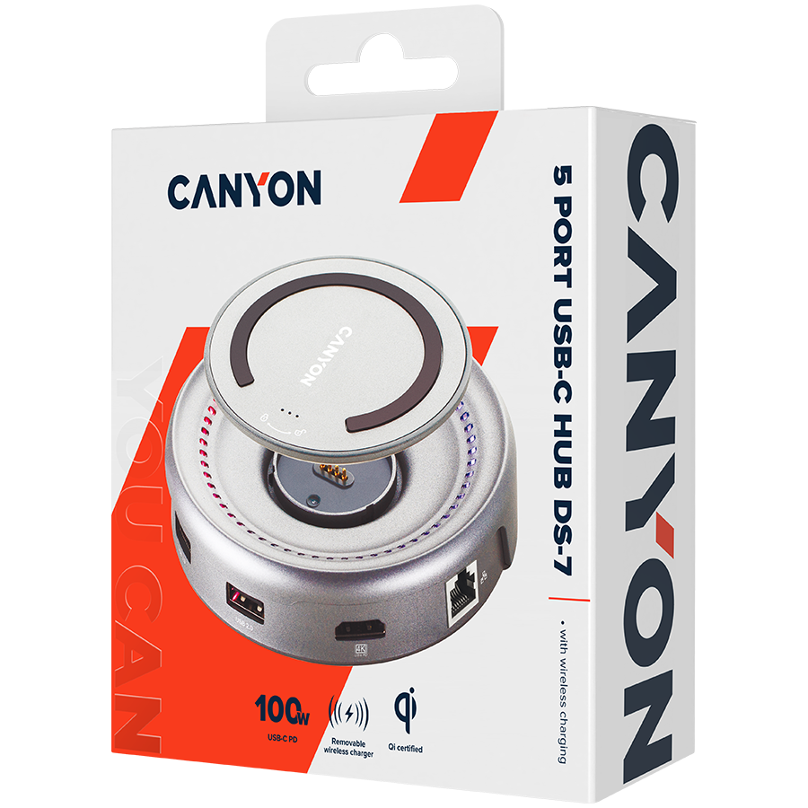Canyon DS-7 7-in-1 USB-C Hub with Wireless Charger - Space Grey
