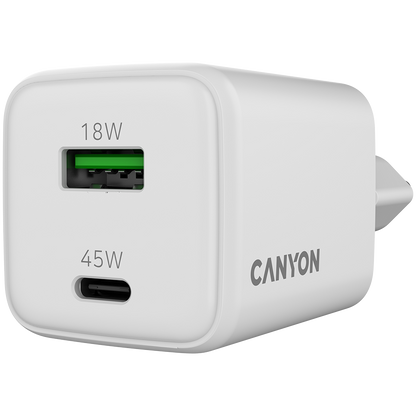 Canyon CU45AC GaN 45W USB-C/USB-A Charger - White