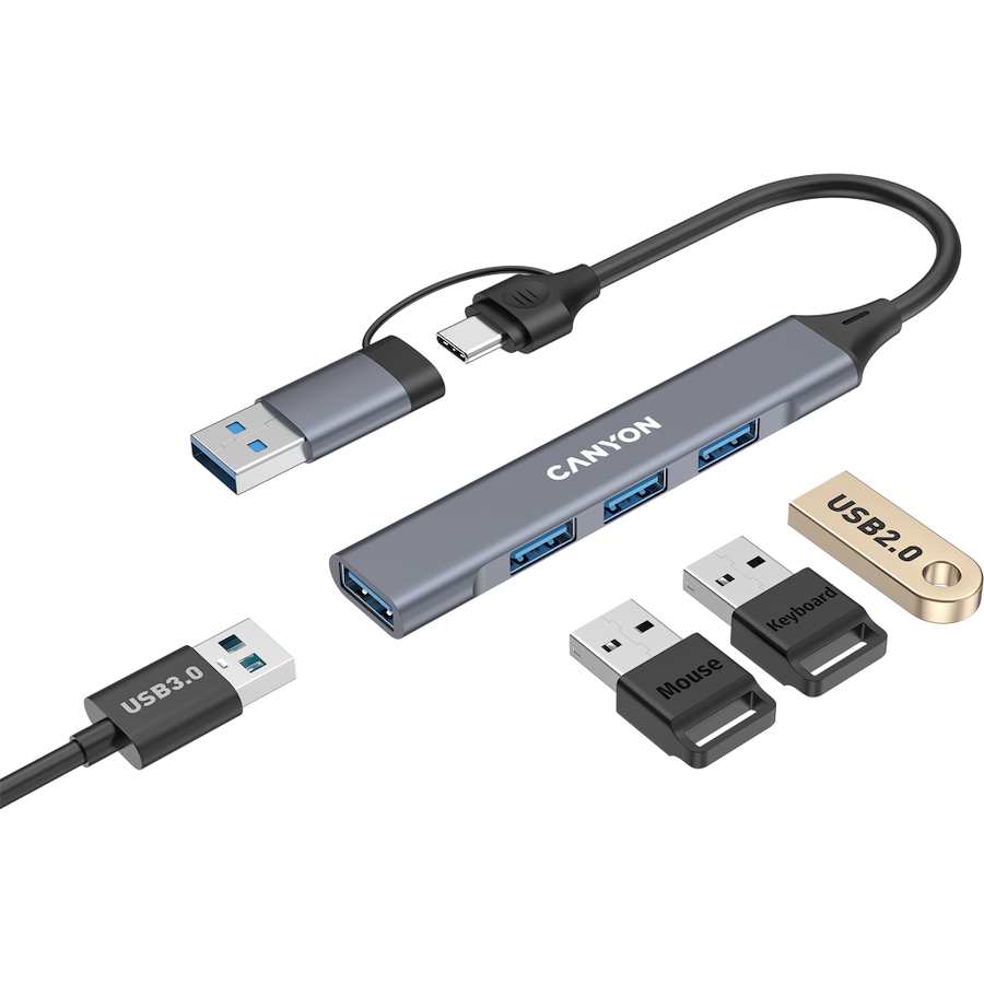 Canyon DS-02 4-in-1 USB-A/C Hub - Grey