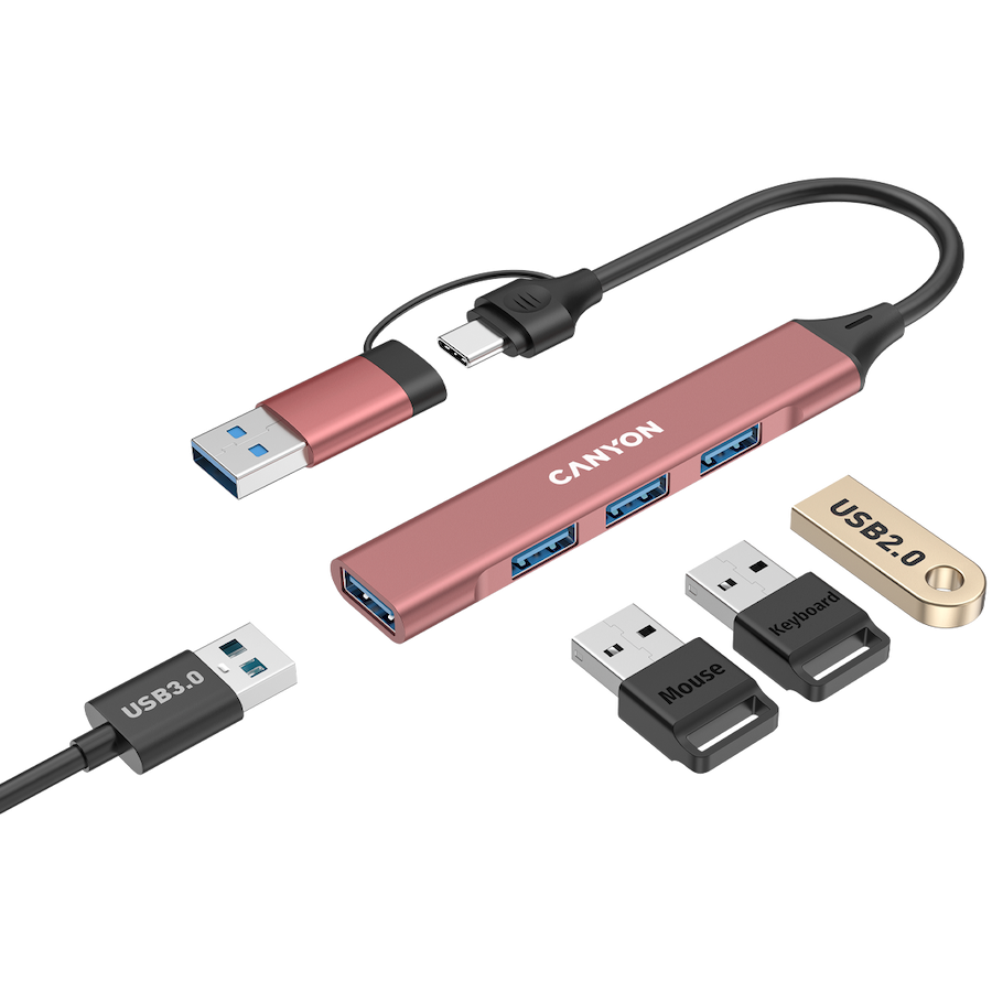 Canyon DS-02 4-in-1 USB-A/C Hub - Pink