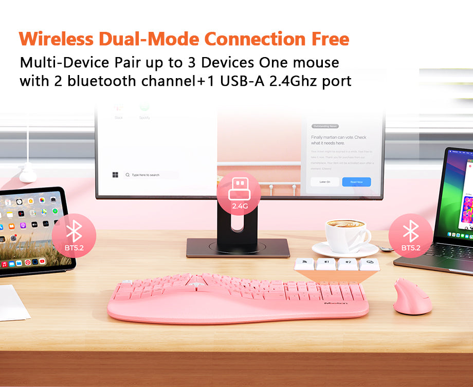 Meetion Pink Wireless Ergonomic Keyboard and Mouse Combo - Bluetooth, Split Keyboard