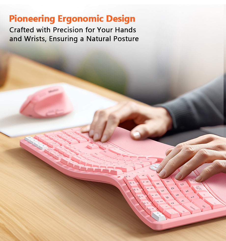 Meetion Pink Wireless Ergonomic Keyboard and Mouse Combo - Bluetooth, Split Keyboard