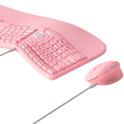Meetion Pink Wireless Ergonomic Keyboard and Mouse Combo - Bluetooth, Split Keyboard