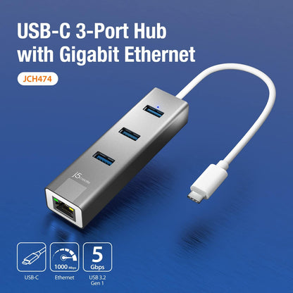 J5create USB-C 3-Port HUB +Gigabit Ethernet Multi Adapter - JCH474