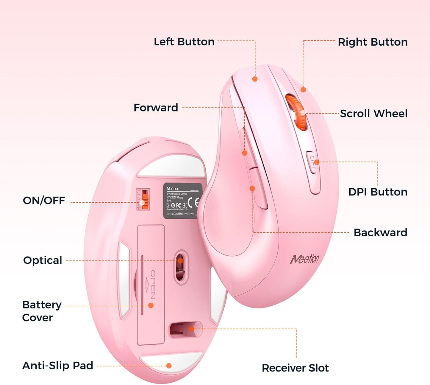 Meetion Pink Wireless Keyboard and Mouse Combo - Silent Mouse, Ergonomic Design