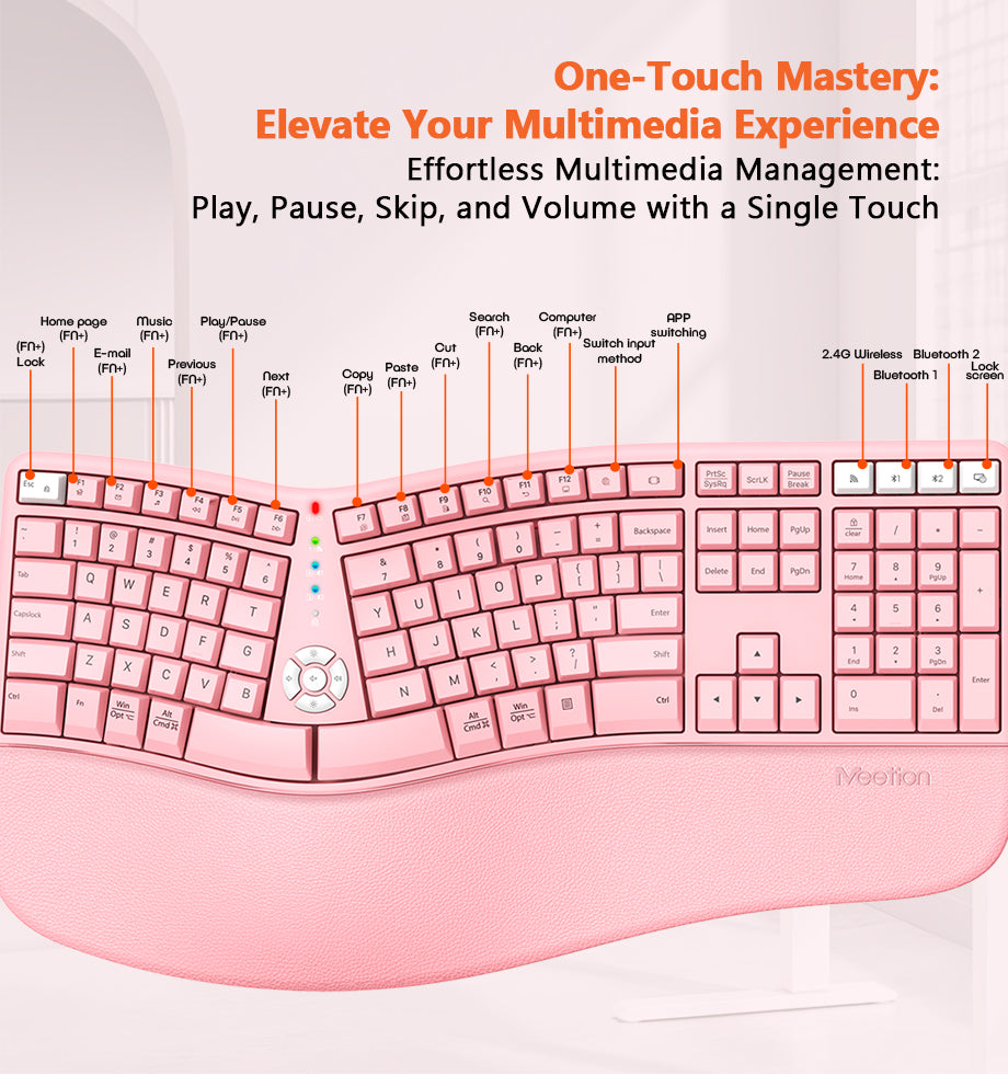 Meetion Pink Wireless Ergonomic Keyboard and Mouse Combo - Bluetooth, Split Keyboard