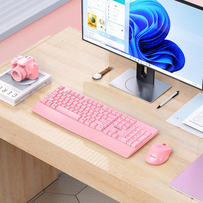 Meetion Pink Wireless Keyboard and Mouse Combo - Silent Mouse, Ergonomic Design