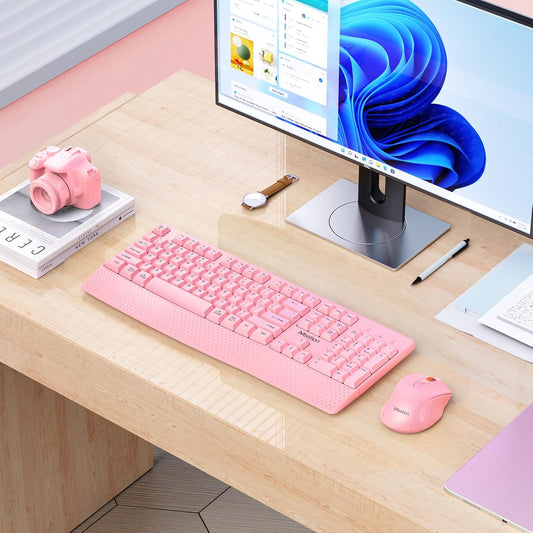 Meetion Pink Wireless Keyboard and Mouse Combo - Silent Mouse, Ergonomic Design