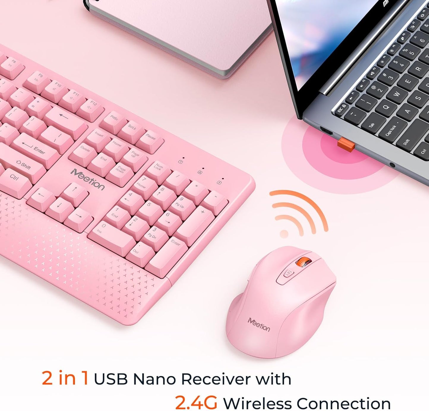 Meetion Pink Wireless Keyboard and Mouse Combo - Silent Mouse, Ergonomic Design