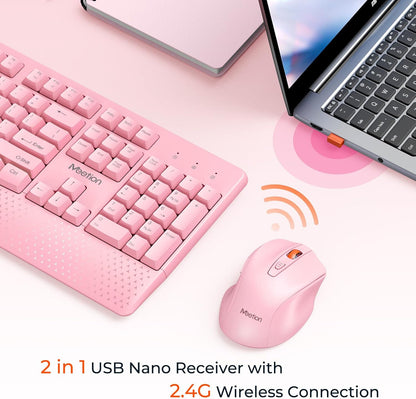 Meetion Pink Wireless Keyboard and Mouse Combo - Silent Mouse, Ergonomic Design