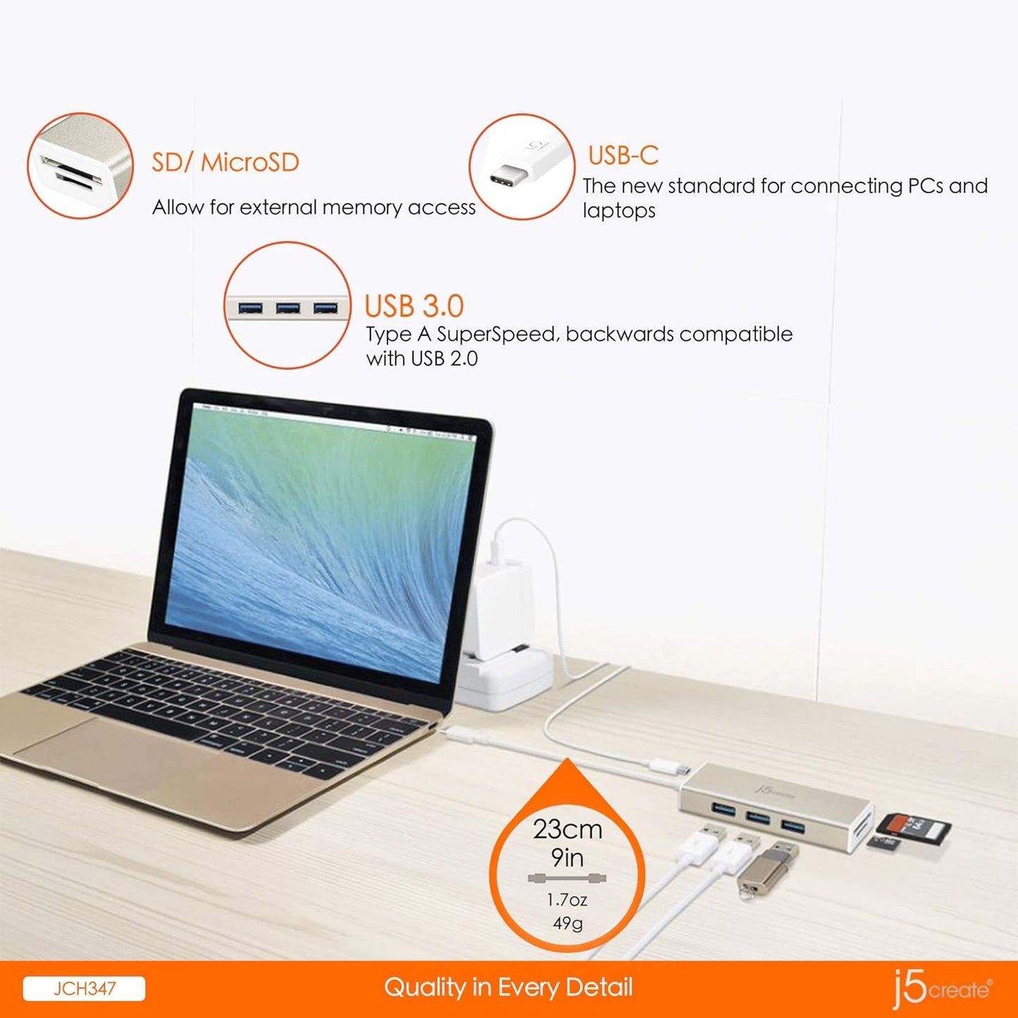 J5create USB-C 3.1 3-Port HUB with SD /microSD Card Reader - JCH347