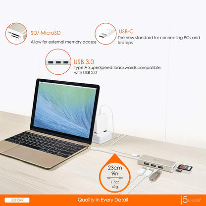 J5create USB-C 3.1 3-Port HUB with SD /microSD Card Reader - JCH347