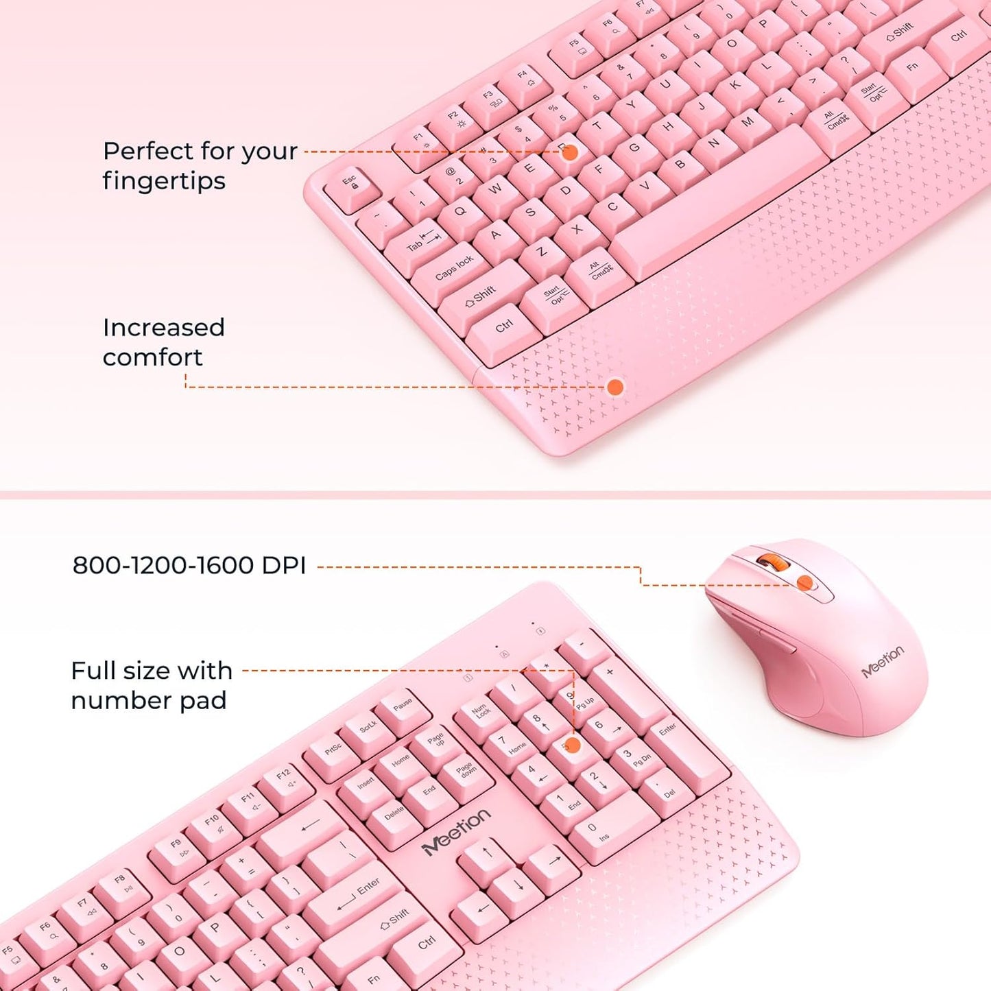 Meetion Pink Wireless Keyboard and Mouse Combo - Silent Mouse, Ergonomic Design