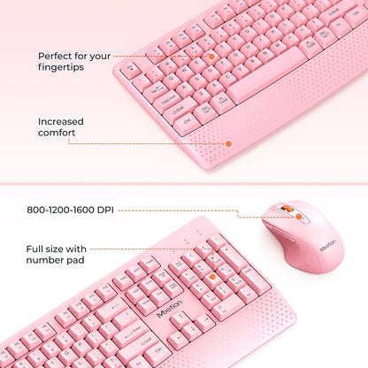 Meetion Pink Wireless Keyboard and Mouse Combo - Silent Mouse, Ergonomic Design
