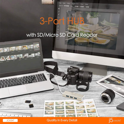 J5create USB-C 3.1 3-Port HUB with SD /microSD Card Reader - JCH347