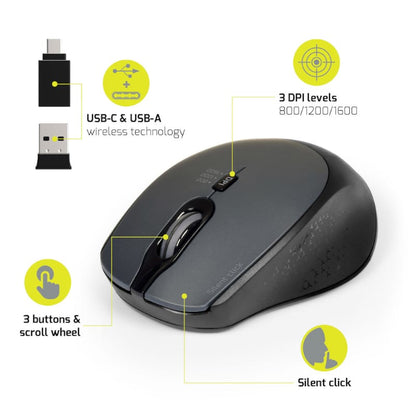 Port Connect Silent 1600DPI 3 Button Wireless Mouse – Black