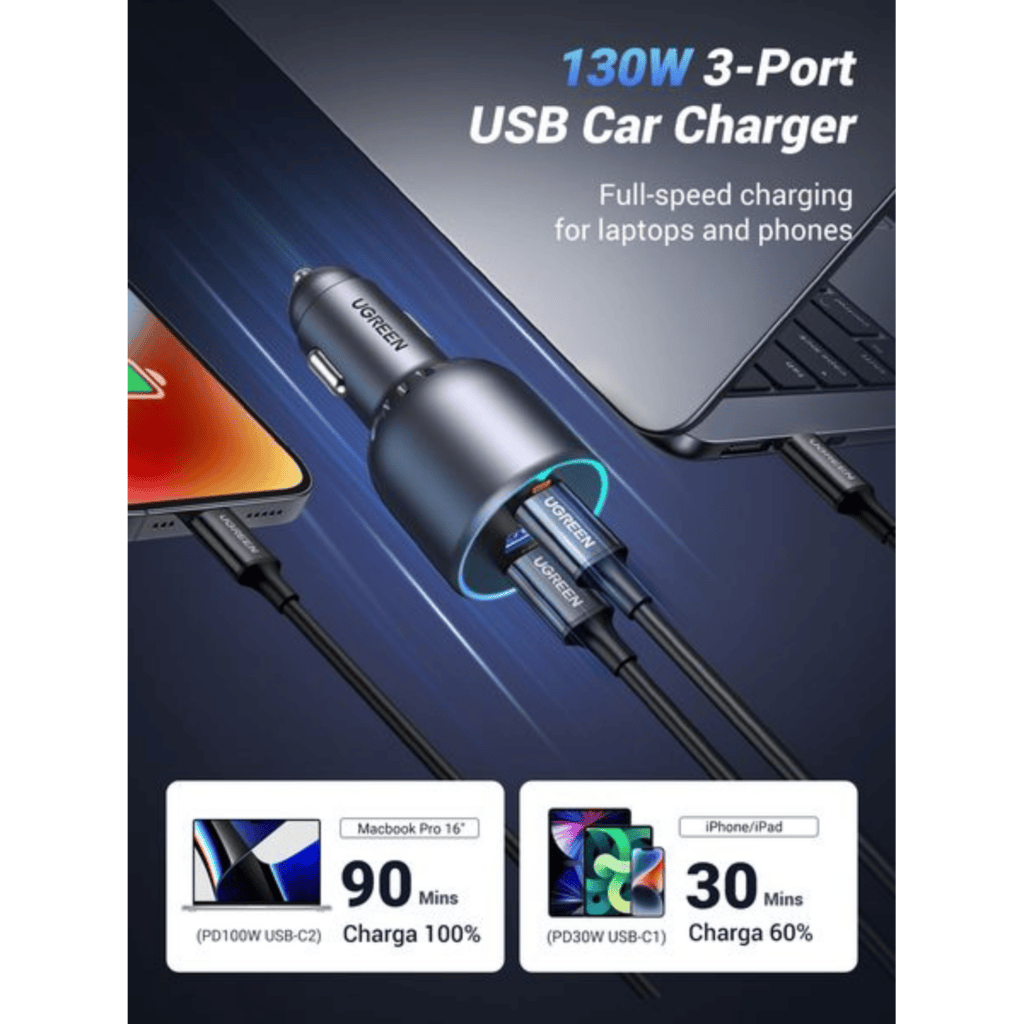UGREEN 130W USB-C 3-port Car Charger