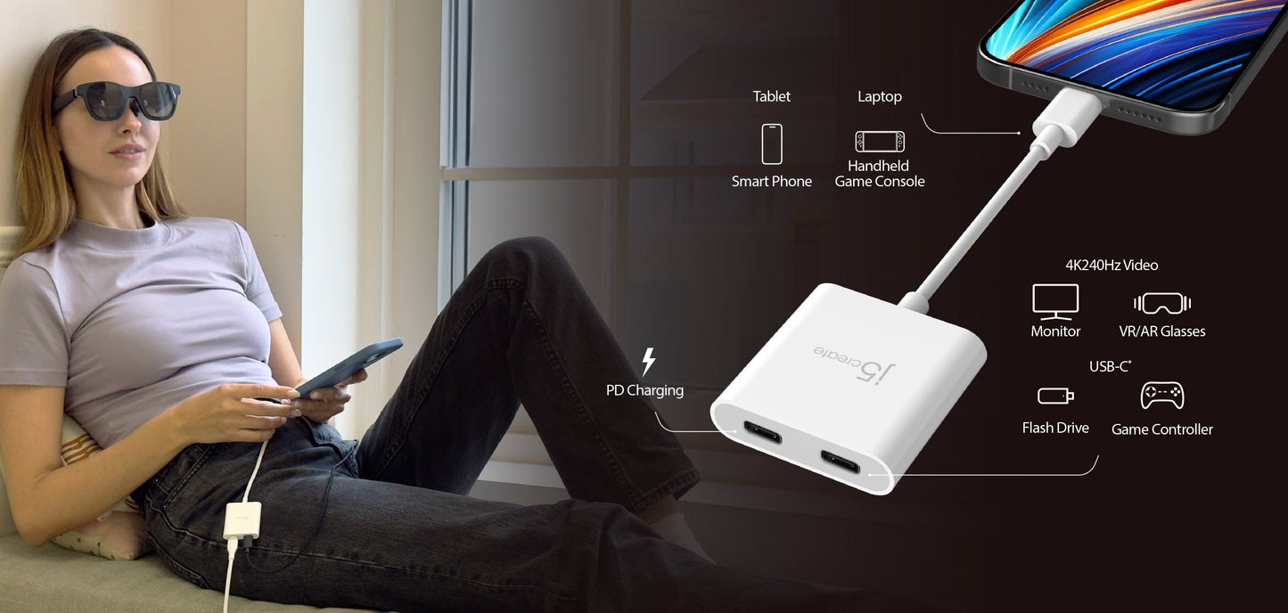 J5create USB-C to Dual USB-C with Video or Power Delivery - JCA164