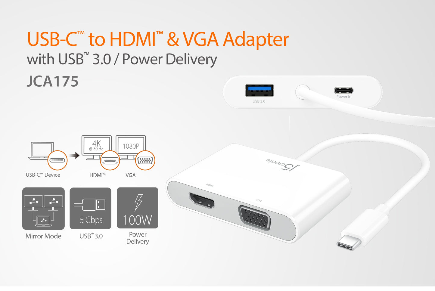 J5create USB-C to HDMI & VGA Adapter with USB 3.0/Power Delivery - JCA175