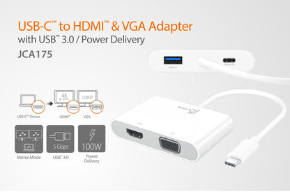 J5create USB-C to HDMI & VGA Adapter with USB 3.0/Power Delivery - JCA175
