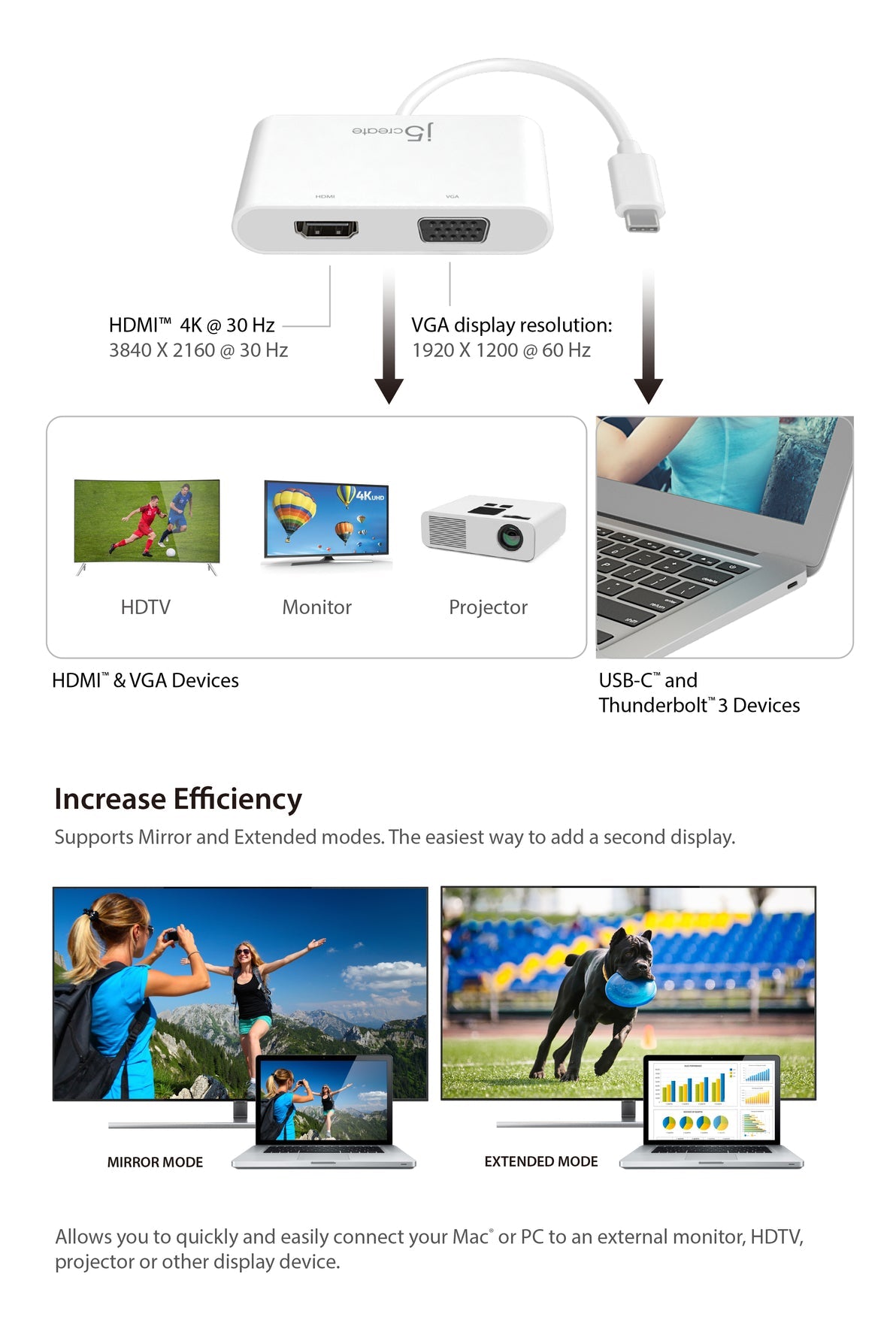 J5create USB-C to HDMI & VGA Adapter with USB 3.0/Power Delivery - JCA175