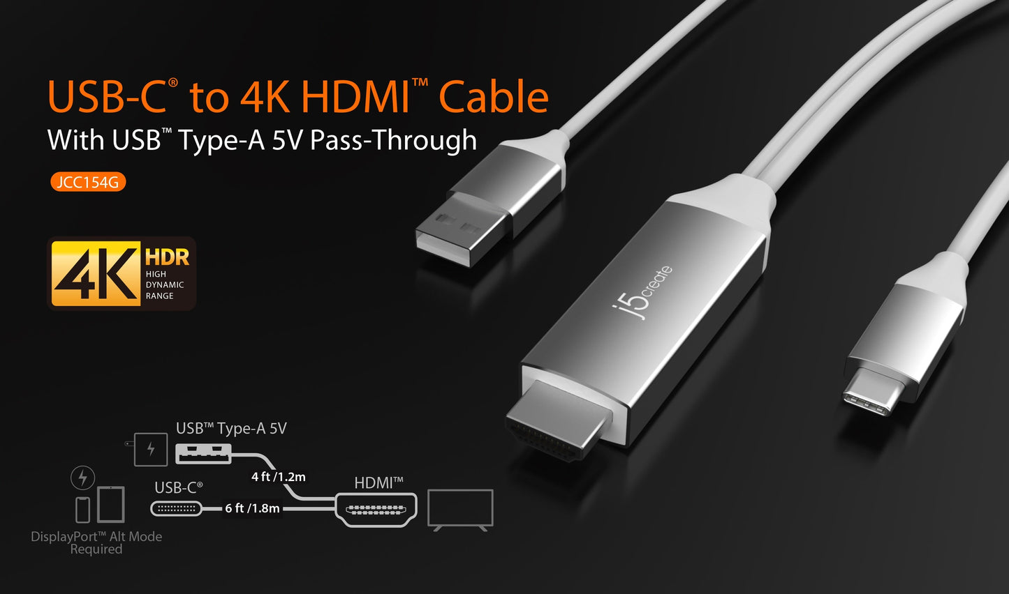 J5create USB-C to 4K HDMI Cable With USB Type-A 5V Pass-Through - JCC154G