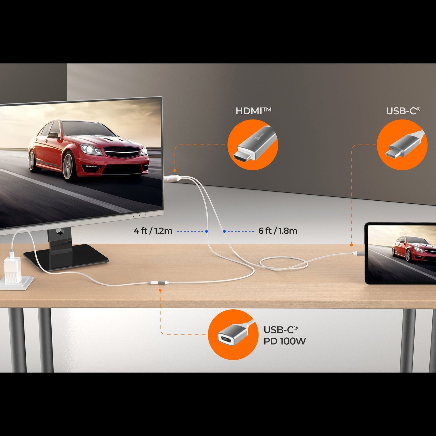 J5create USB-C to 4K HDMI Cable With PD100W Pass-Through - JCC155G