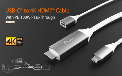 J5create USB-C to 4K HDMI Cable With PD100W Pass-Through - JCC155G