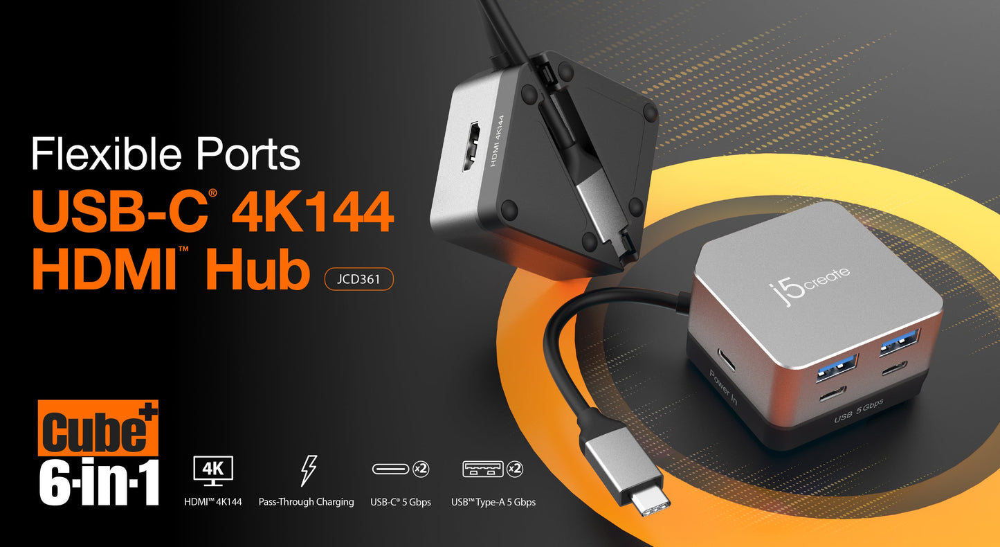 J5create Flexible Ports USB-C 4K144 HDMI Hub - Cube Plus 6 in 1 - JCD361