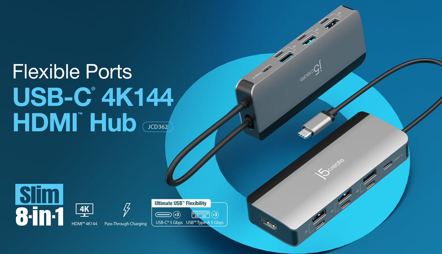 J5create Flexible Ports USB-C 4K144 HDMI Hub - Slim 8 in 1 - JCD362