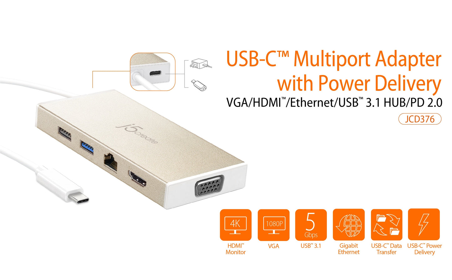 J5create USB-C Multiport Adapter with Power Delivery - JCD376
