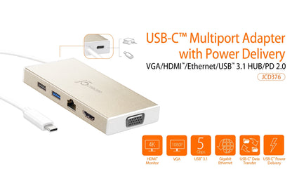 J5create USB-C Multiport Adapter with Power Delivery - JCD376