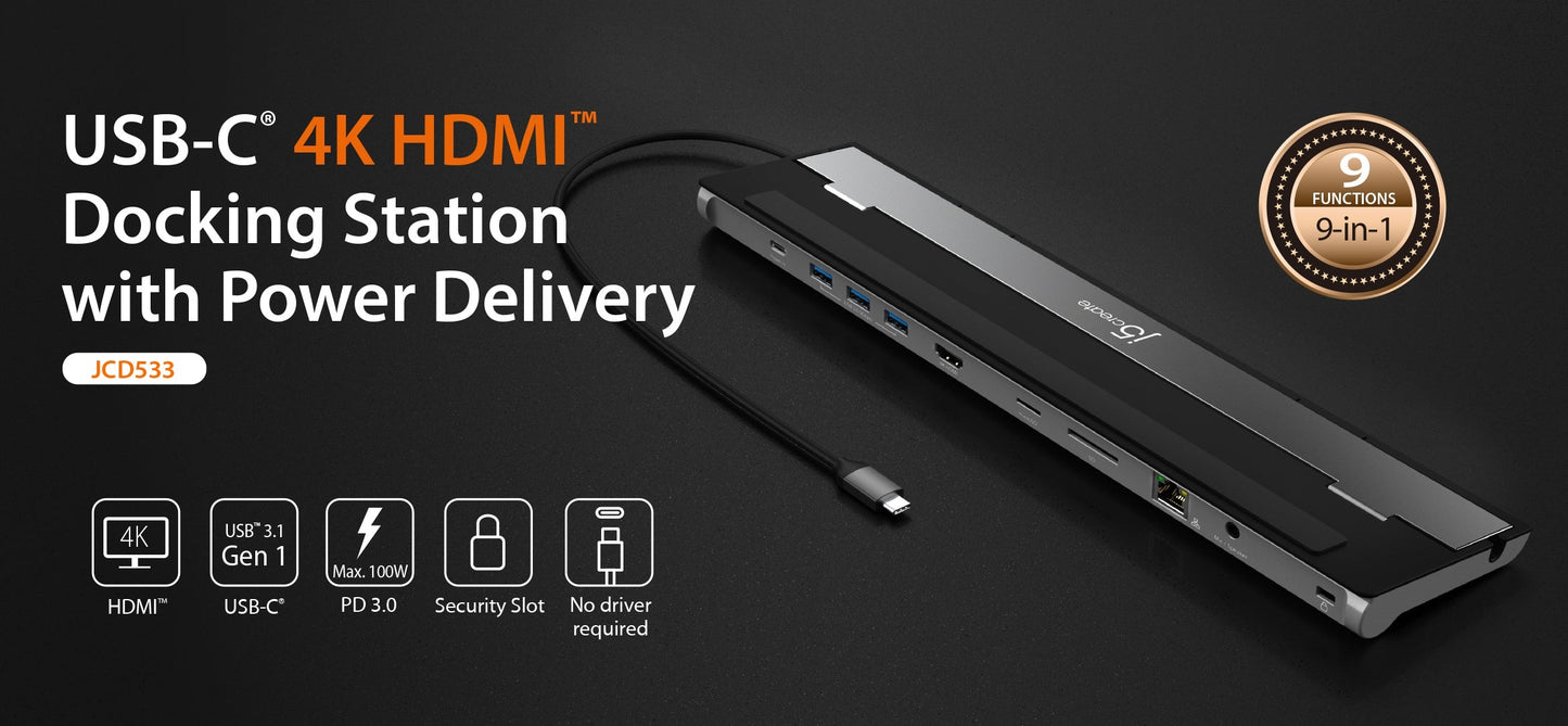 J5create USB-C 4K HDMI Docking Station with Power Delivery - JCD533
