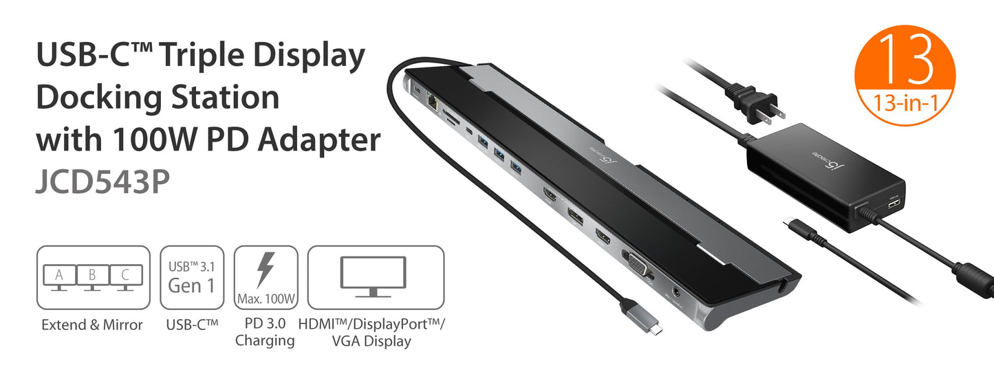 J5create USB-C Triple Display Docking Station with 100W PD Adapter - JCD543P