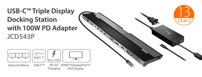 J5create USB-C Triple Display Docking Station with 100W PD Adapter - JCD543P