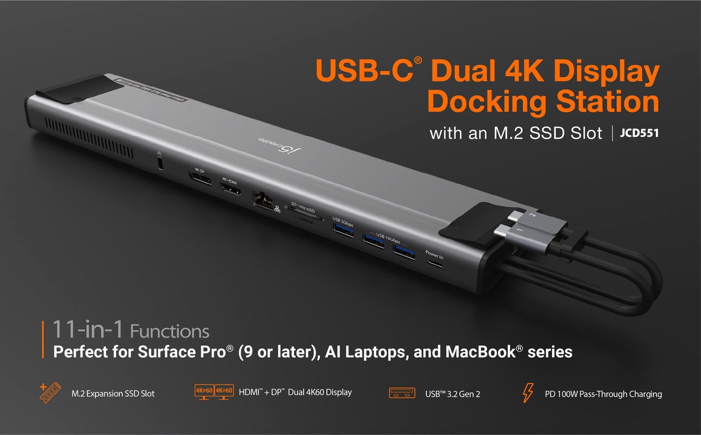 J5create USB-C Dual 4K Display Docking Station with an M.2 SSD Slot - JCD551
