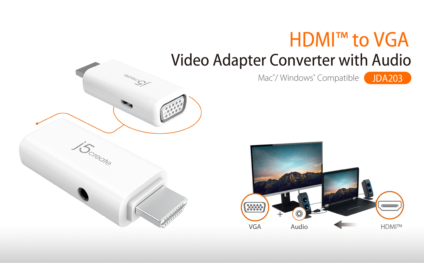 J5create HDMI to VGA Video Adapter Converter with Audio - JDA203