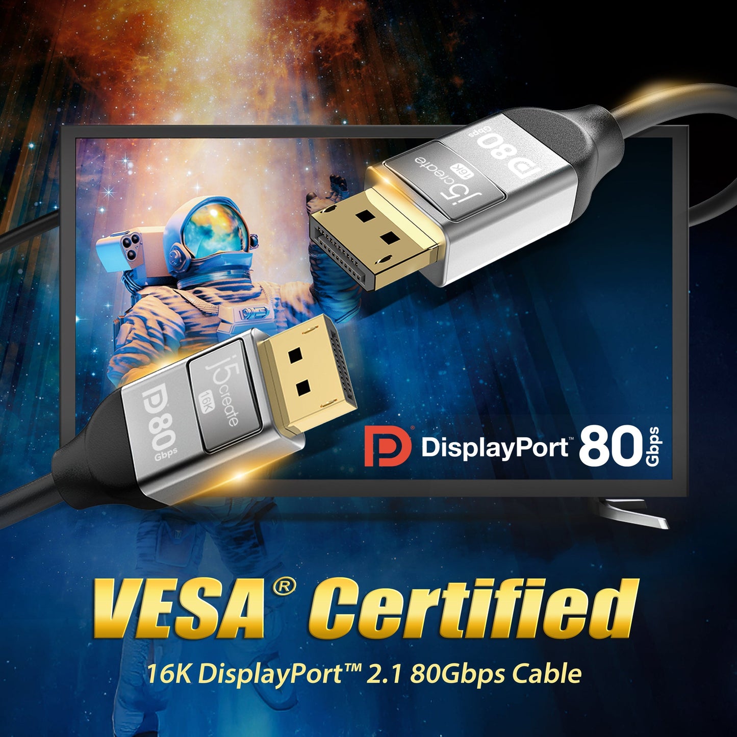 J5create VESA Certified 16K DisplayPort 2.1 80Gbps Cable - JDC44L16